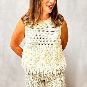 Boutique Cream Crochet Fringe Top Small